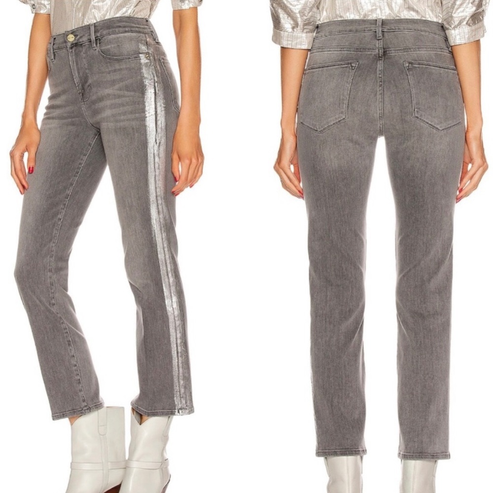 FRAME metallic silver stripe gray Le High Straight festive holiday jeans size 28
